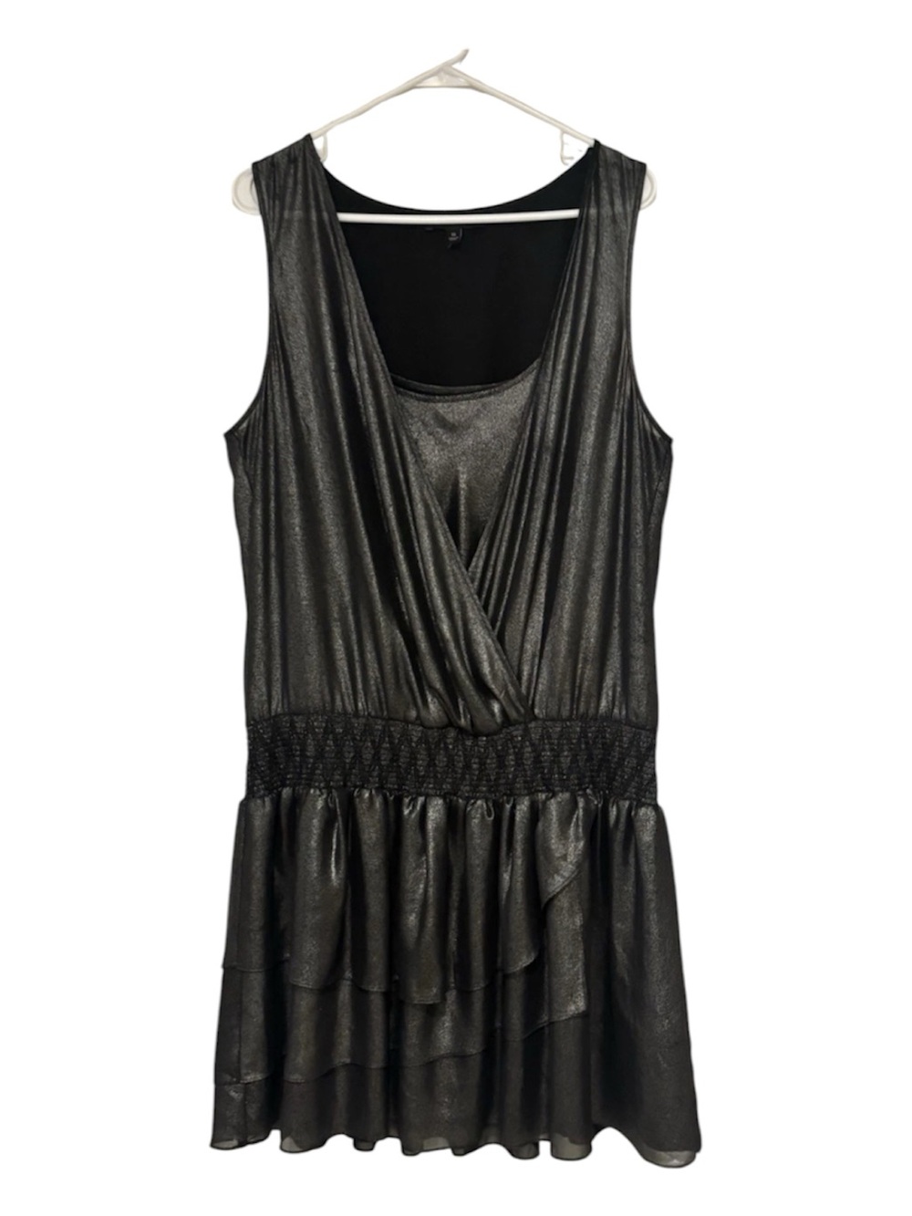 Banana Republic Metallic Black Sleeveless Surplice Tiered Dress